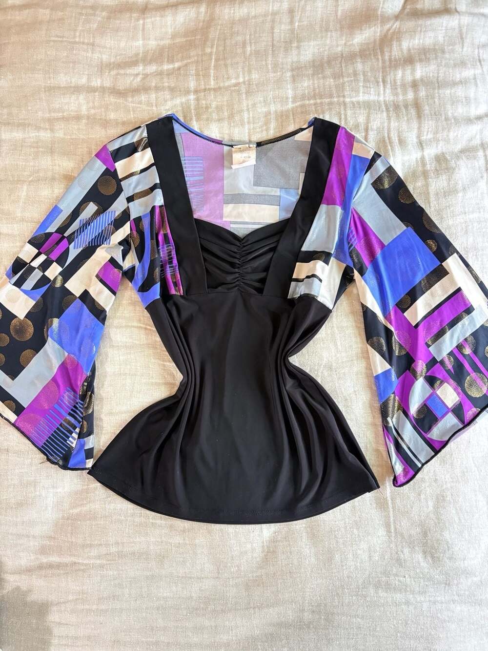 Vintage Geometric Print Top Blouse Black Purple Bell Sleeve M